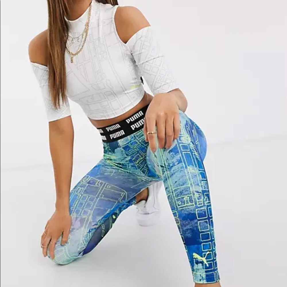 Puma Day zero workout set crop top leggings blue lime green white black cut out
